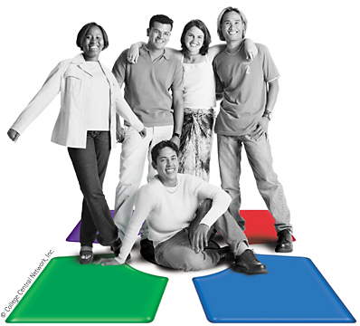 Group of people, four standing and one sitting on College Central Network logo.